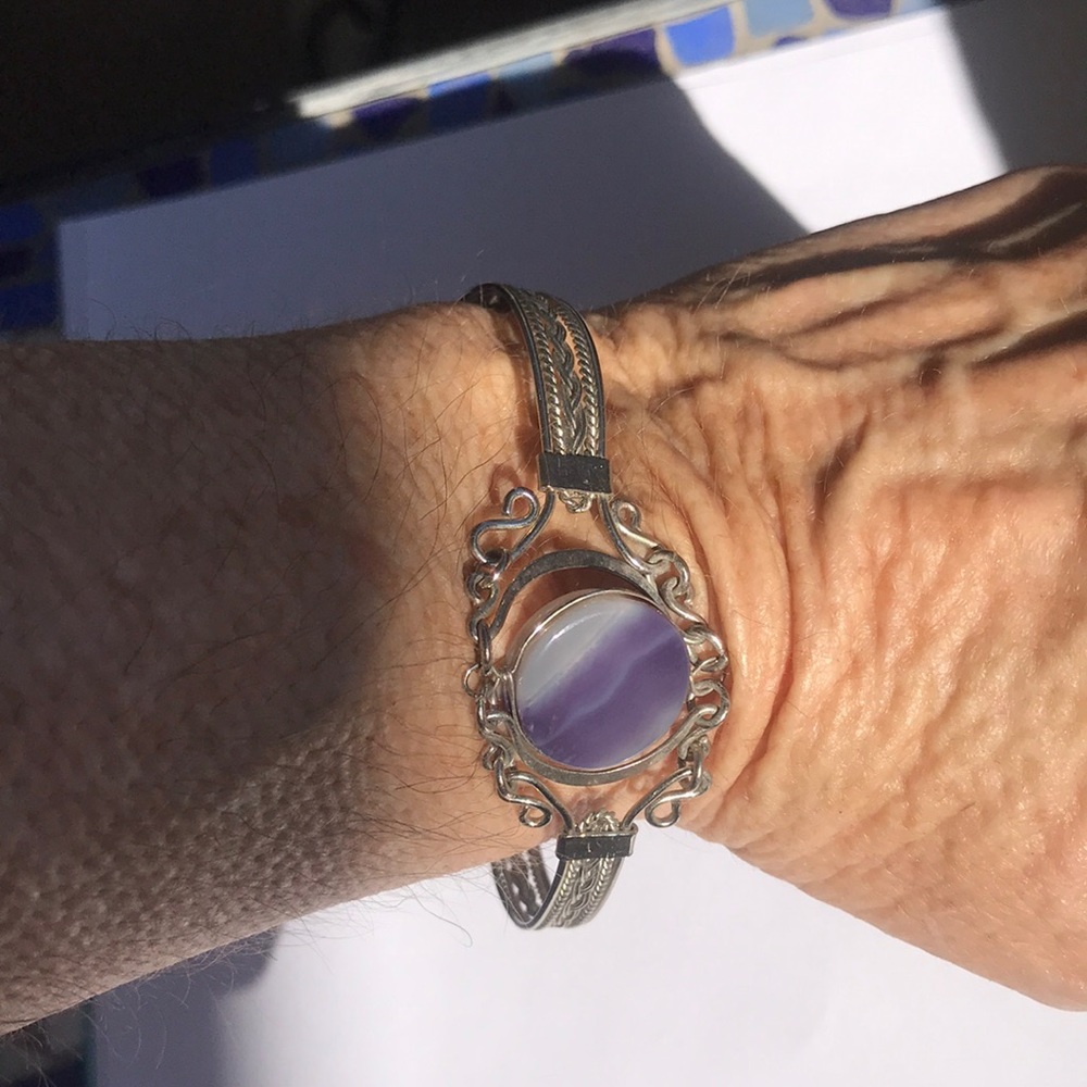 unique silver bracelet w polished round amethyst